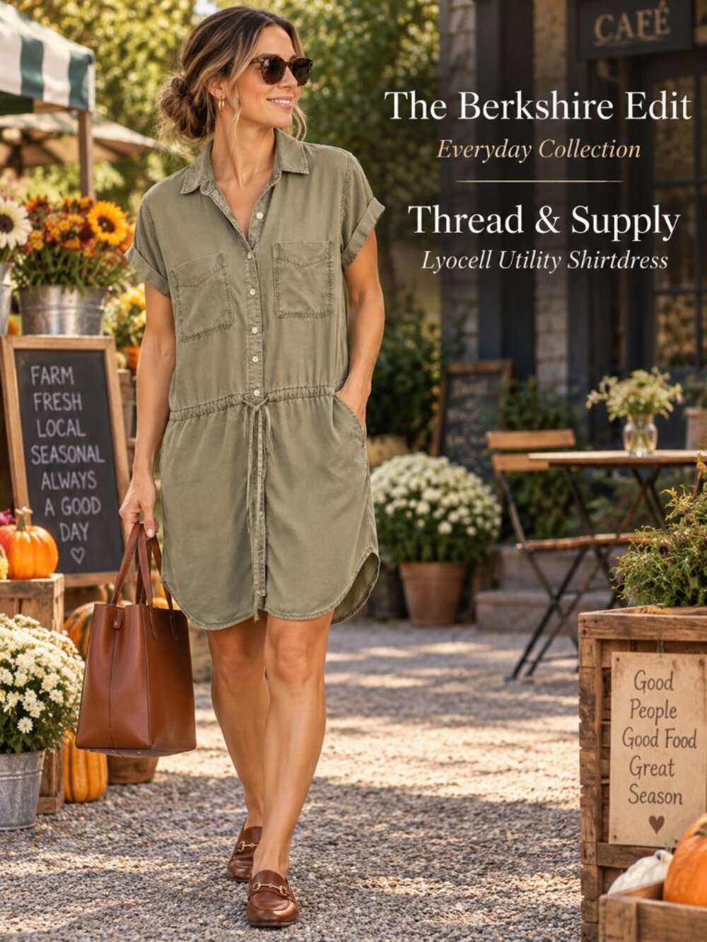 Thread & Supply Olive Lyocell Utility Shirt Dress S Drawstring Pockets Tencel